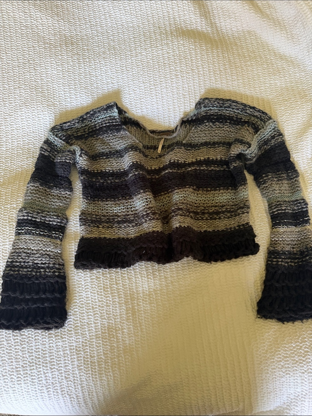 Free People Striped Black & Gray Cropped Knit Sweater